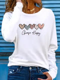 Mia White long-sleeve T-shirt with three overlapping heart graphics, Choose Happy slogan, crew neckline, and relaxed fit