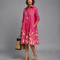 Rosalyn Floral-Print Button-Down Midi Dress in Pink shown in front view with elegant floral print and flattering midi silhouette.