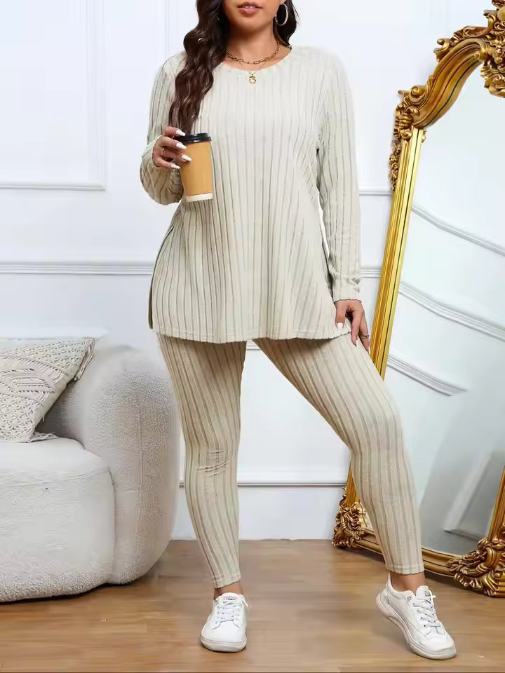 Mila Beige ribbed knit two-piece set with round-neck tunic, long sleeves, side slits, and matching slim pants