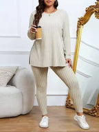 Mila Beige ribbed knit two-piece set with round-neck tunic, long sleeves, side slits, and matching slim pants