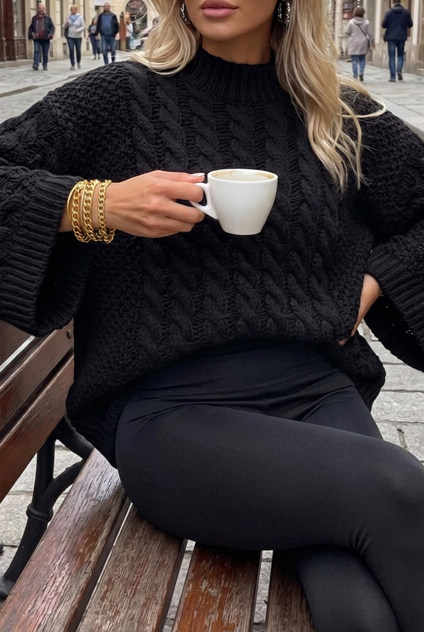 Mila Black sweater close-up showing the ribbed mock neck, cable-knit texture and ribbed sleeve cuffs.