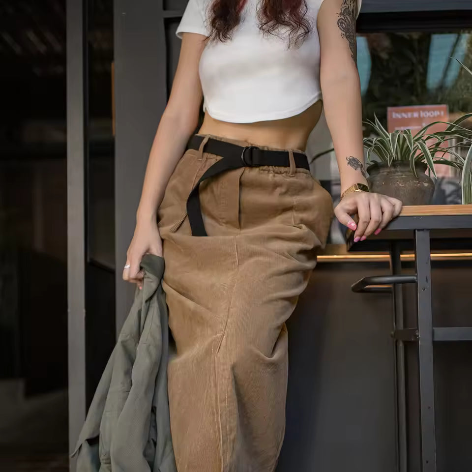 Mila Brown corduroy midi skirt with high waist, woven belt, and front slit
