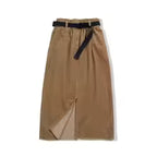 Mila Brown corduroy midi skirt with high-waist belted design and front slit