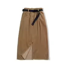 Mila Brown corduroy midi skirt with high-waist belted design and front slit