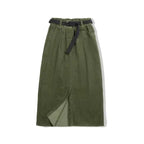 Mila Green corduroy midi skirt with high waist, woven belt, and front slit
