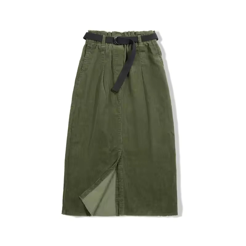 Mila Green corduroy midi skirt with high waist, woven belt, and front slit