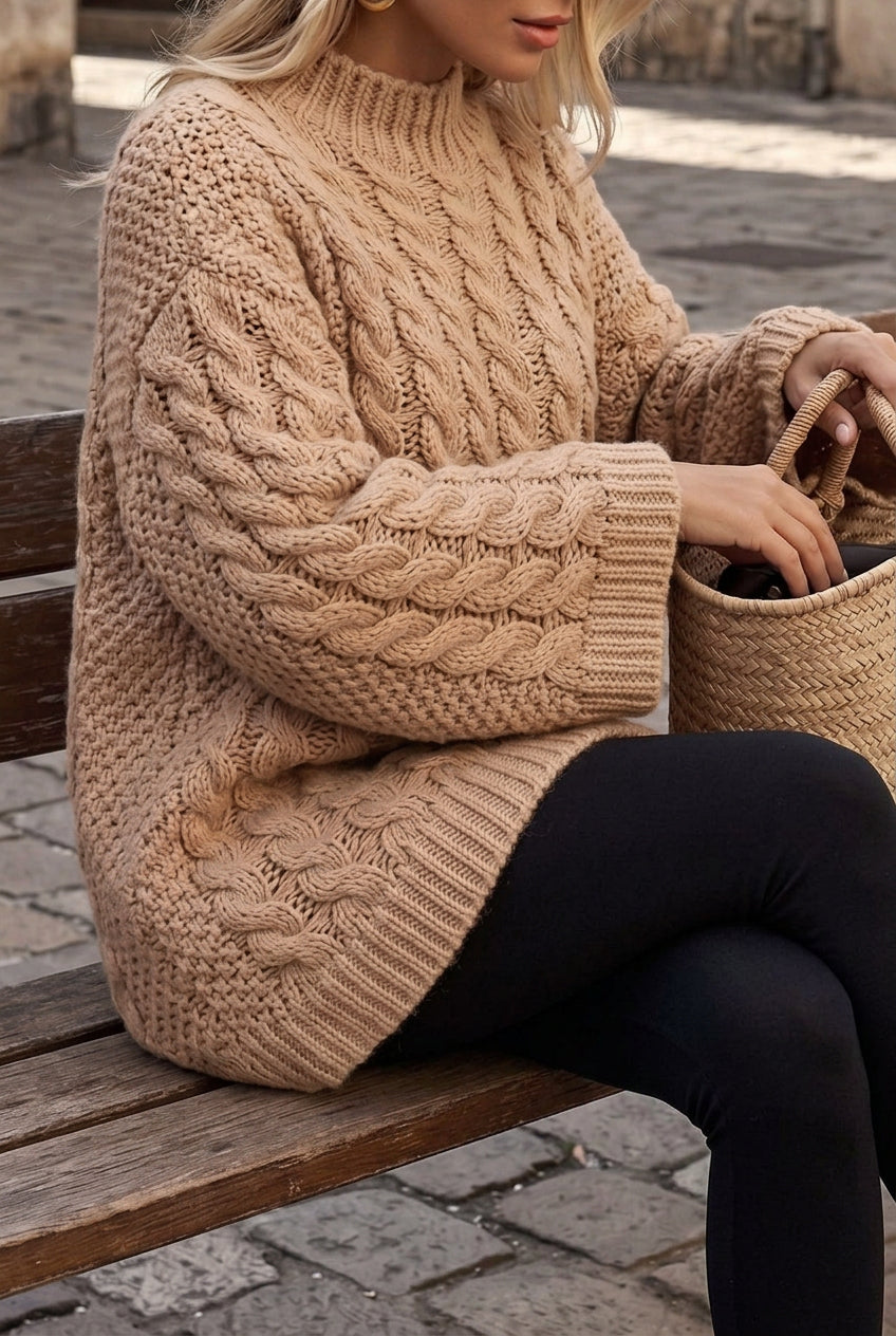 Mila Khaki cable-knit sweater side view showing the chunky cable texture on the sleeve and ribbed hem.