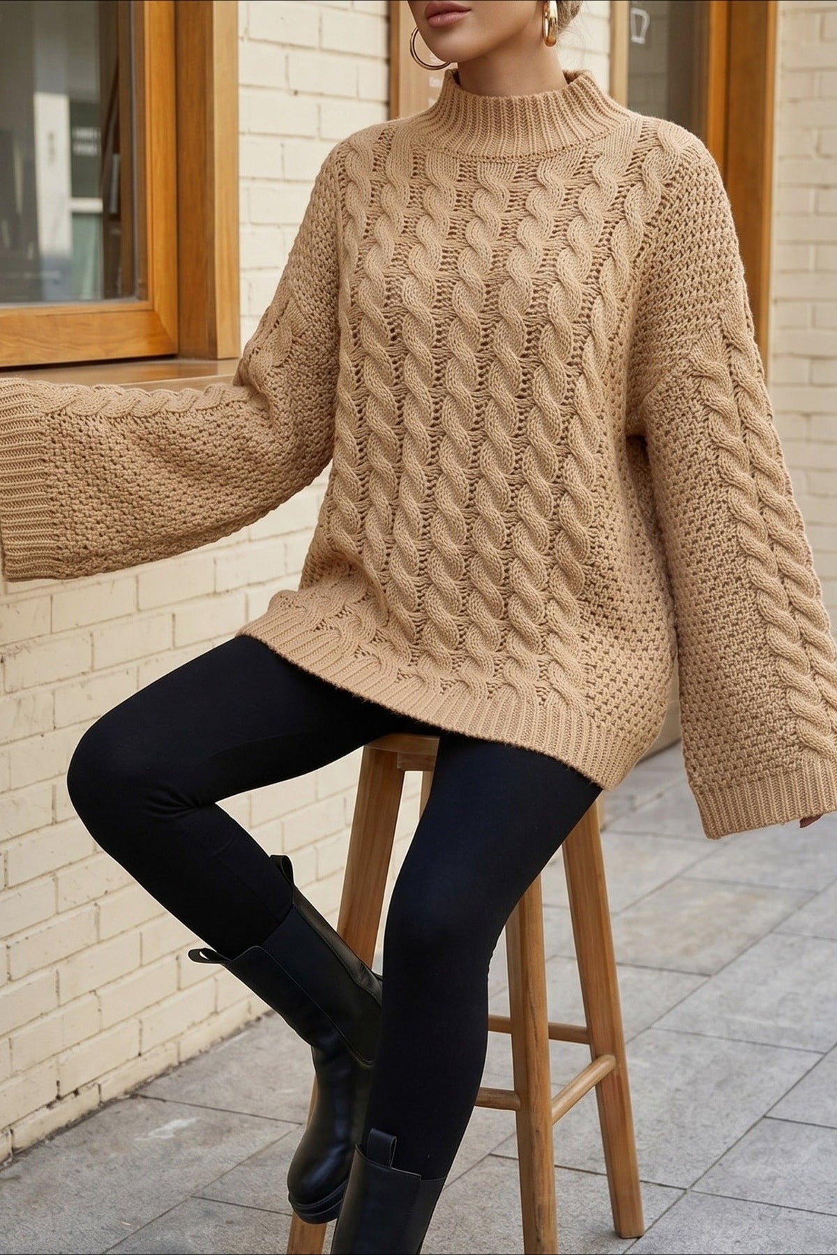 Mila Khaki cable-knit mock-neck sweater with flared sleeves styled with black leggings while seated on a stool.