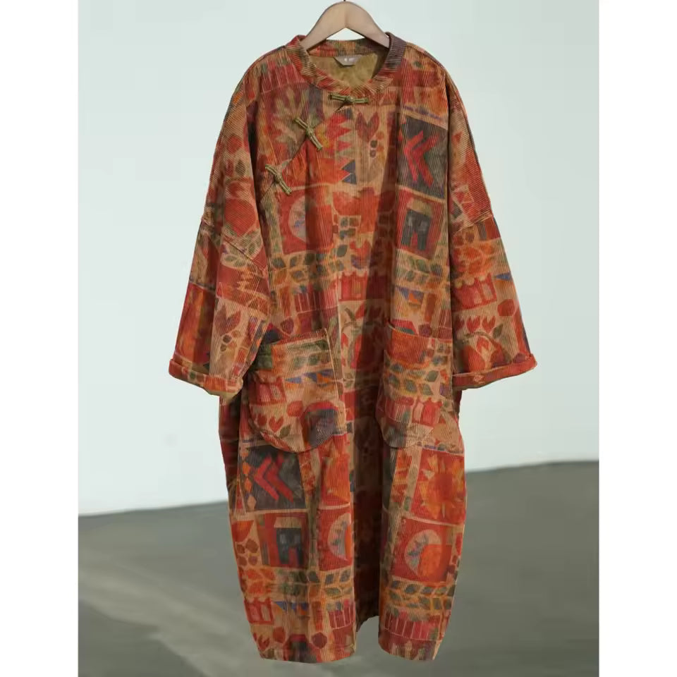 Mira Bronze corduroy midi dress with long sleeves, frog-button front, and patch pockets