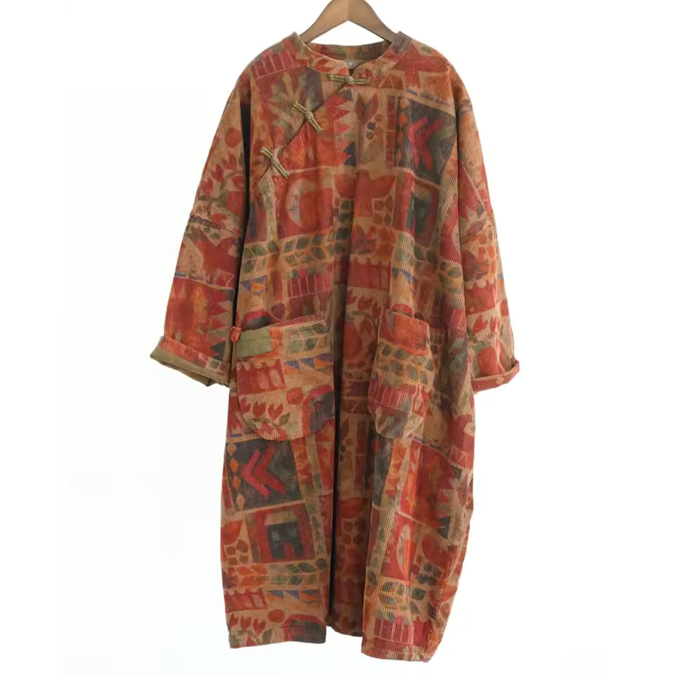 Mira Bronze corduroy midi dress with relaxed silhouette and front patch pockets
