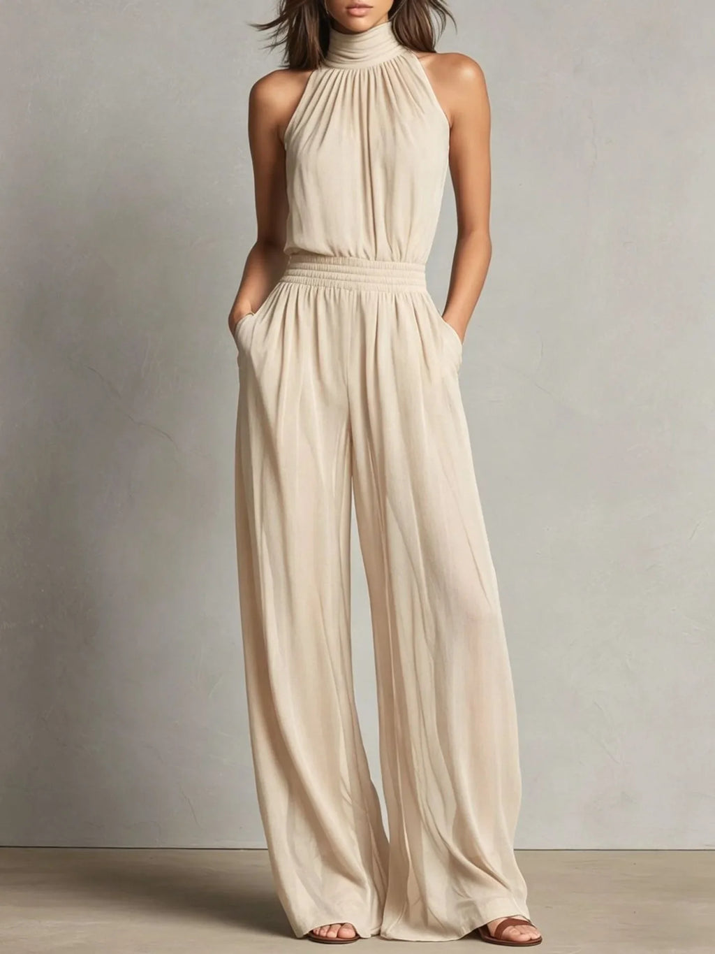 Miranda halter open-back wide-leg jumpsuit, Beige