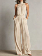 Miranda halter open-back wide-leg jumpsuit, Beige