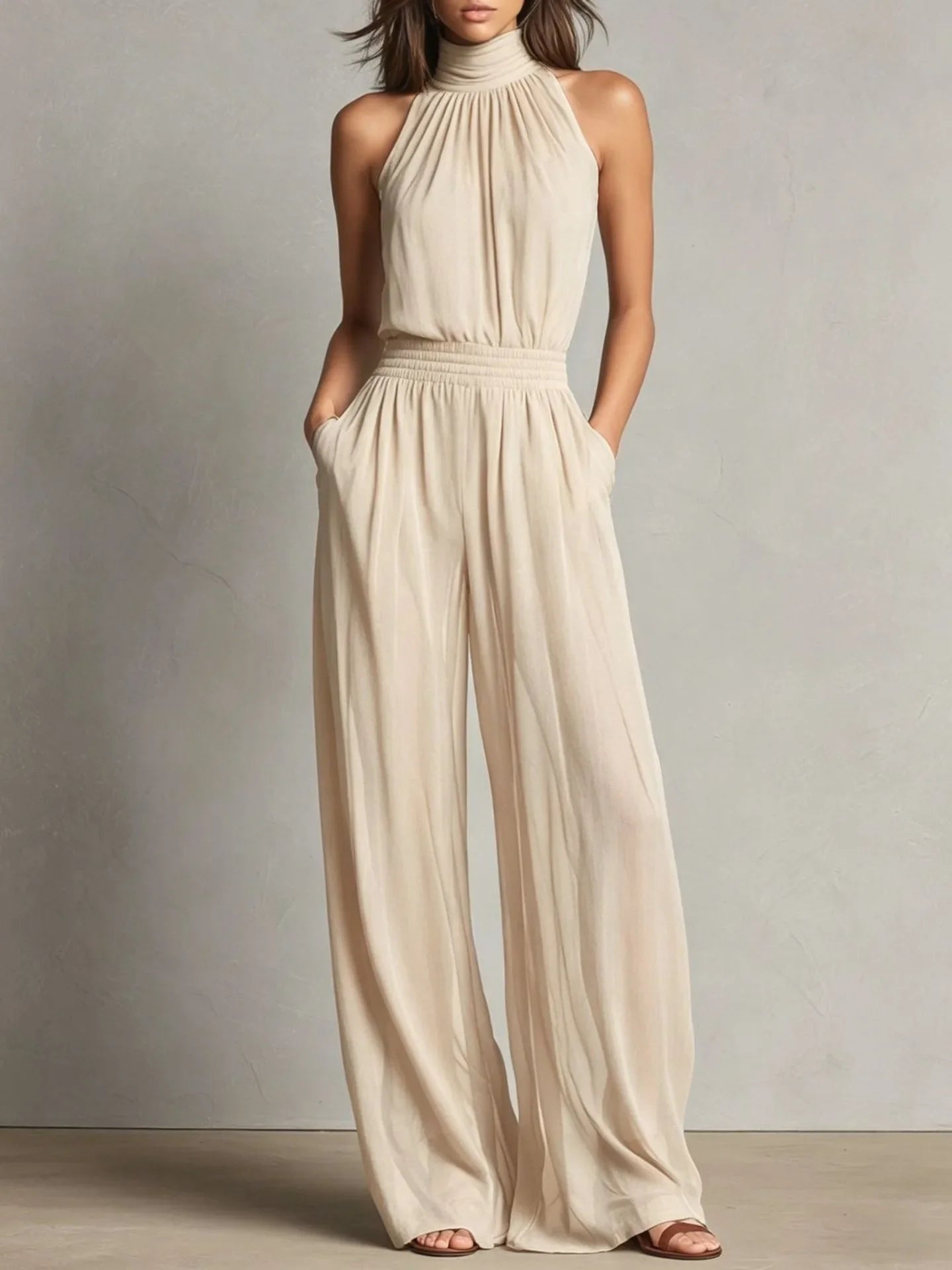 Miranda halter open-back wide-leg jumpsuit, Beige