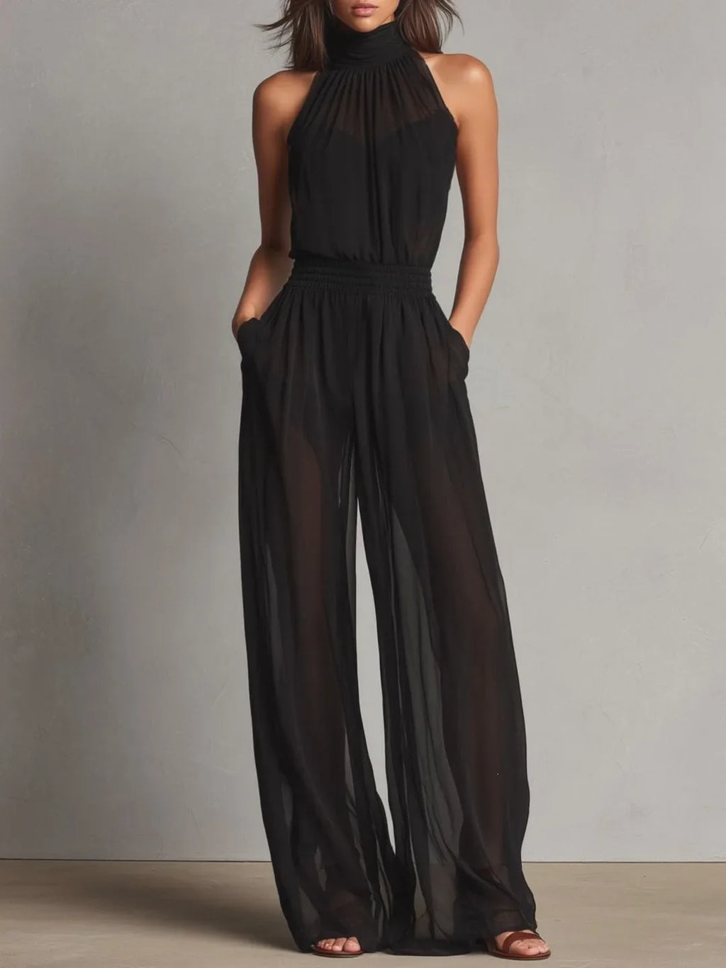 Miranda halter open-back wide-leg jumpsuit, Black