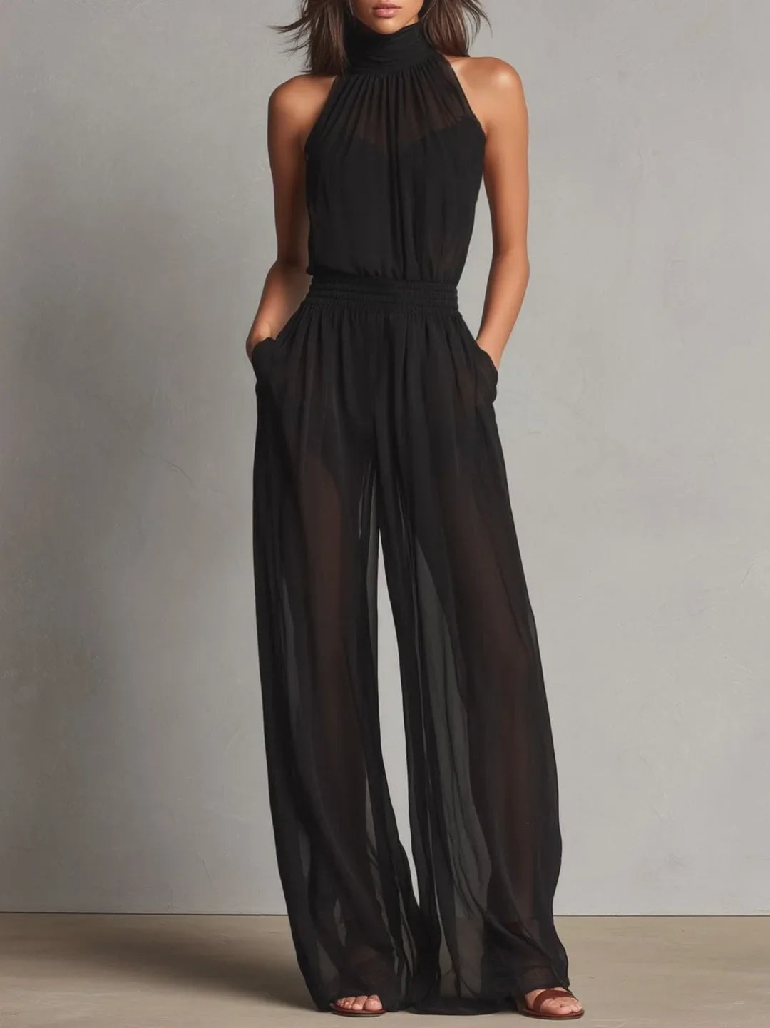 Miranda halter open-back wide-leg jumpsuit, Black