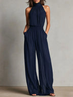 Miranda halter open-back wide-leg jumpsuit, Navy Blue