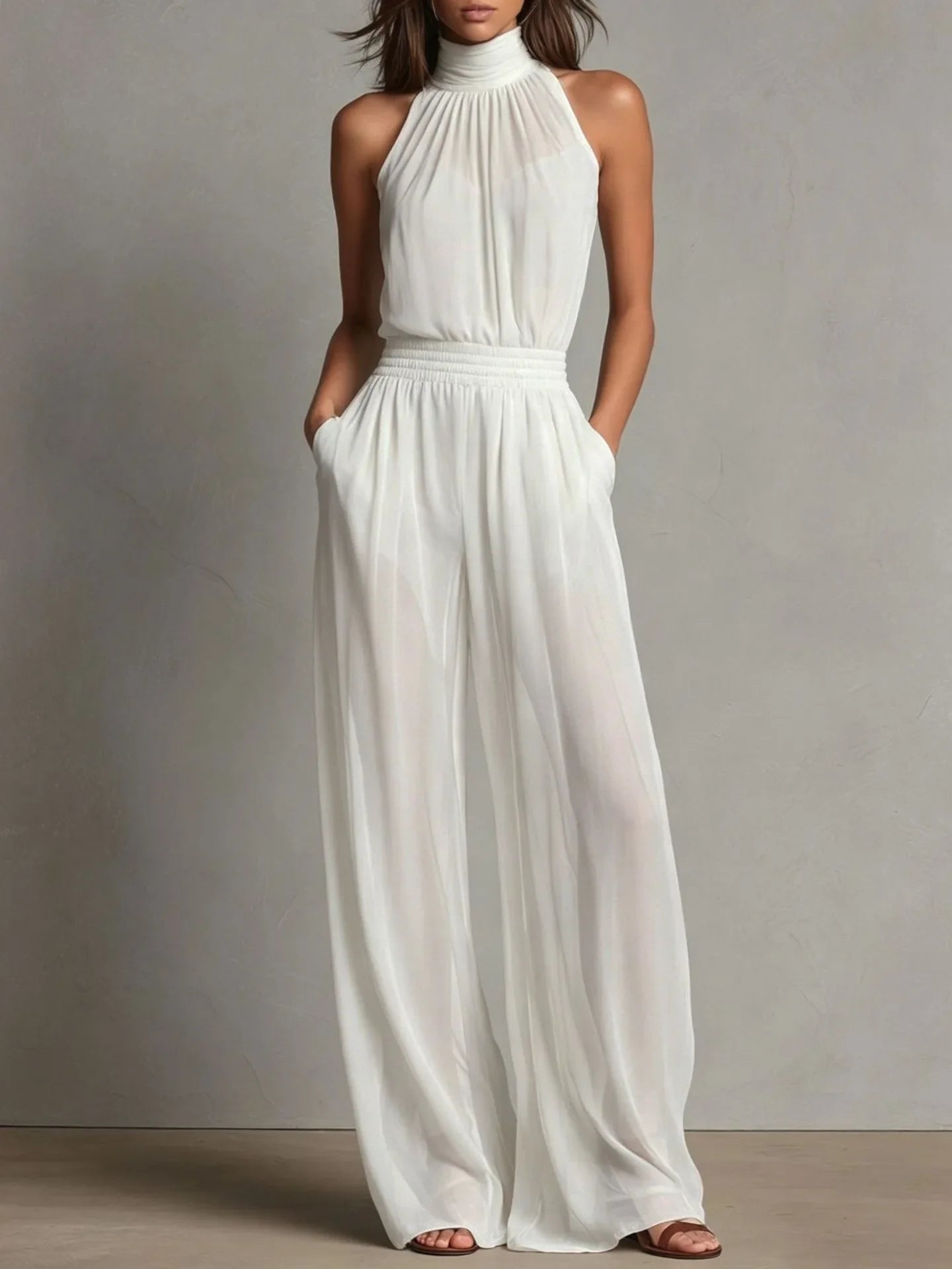 Miranda halter open-back wide-leg jumpsuit, White