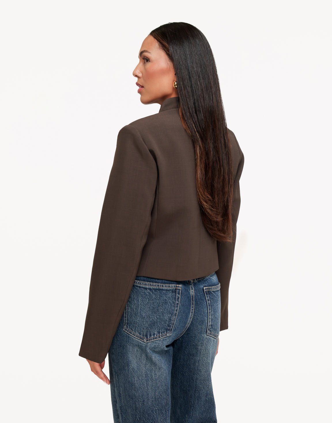 Mirela Dark Khaki cropped jacket shown from the back and side, highlighting the structured shoulders and long sleeves.