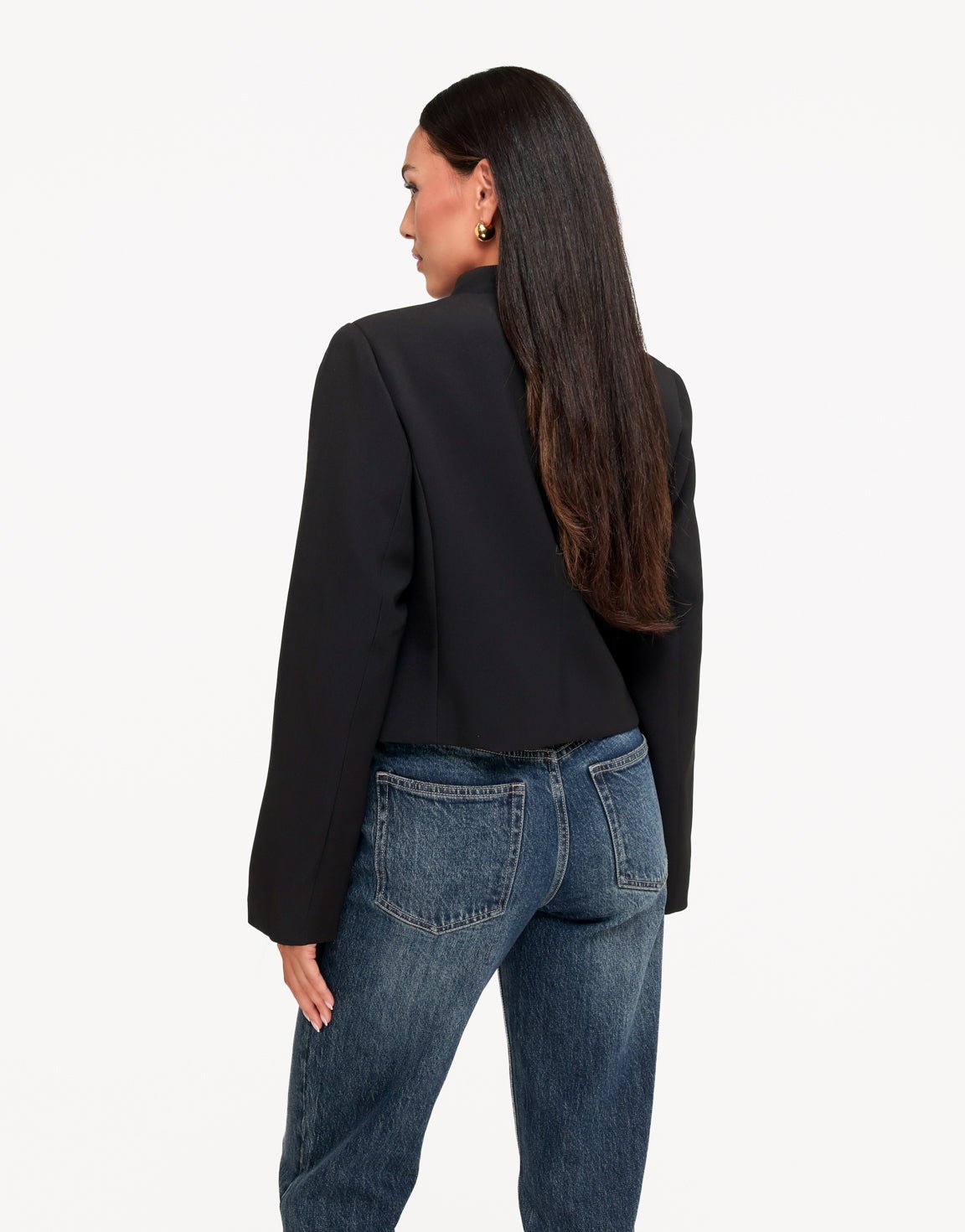 Mirella Black cropped jacket from the back showing the structured shoulders and straight cropped hem.