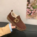 Molly plush-lined suede-look ankle boot with decorative buckle, rounded toe, and flat sole