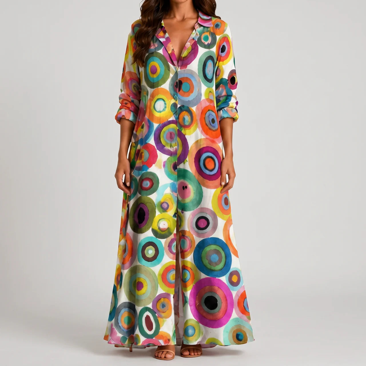 Front view of multicolor circular pattern maxi dress with vibrant print by BELLA HUDSON