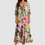 Front view of multicolor floral print maxi dress with flowing silhouette by BELLA HUDSON