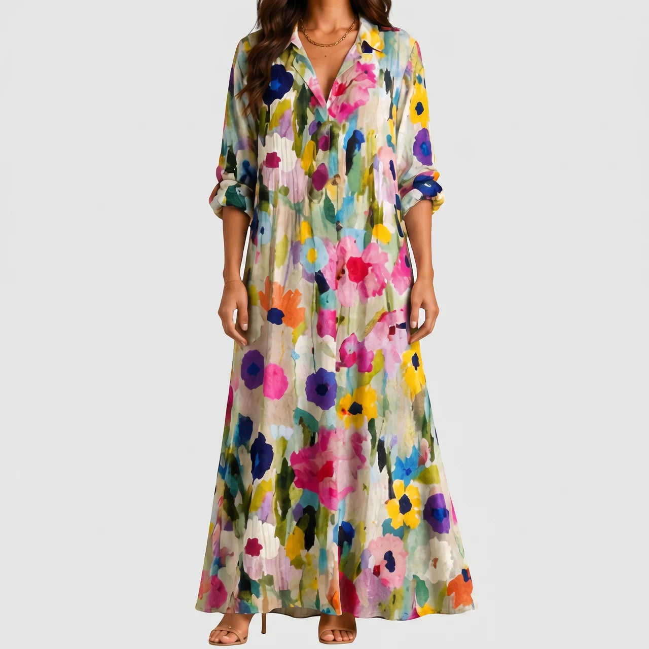 Front view of multicolor floral print maxi dress with flowing silhouette by BELLA HUDSON