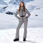 Nadia Blue hooded ski set with belted padded jacket, coordinated high-waisted pants, geometric print, and full-length silhouette