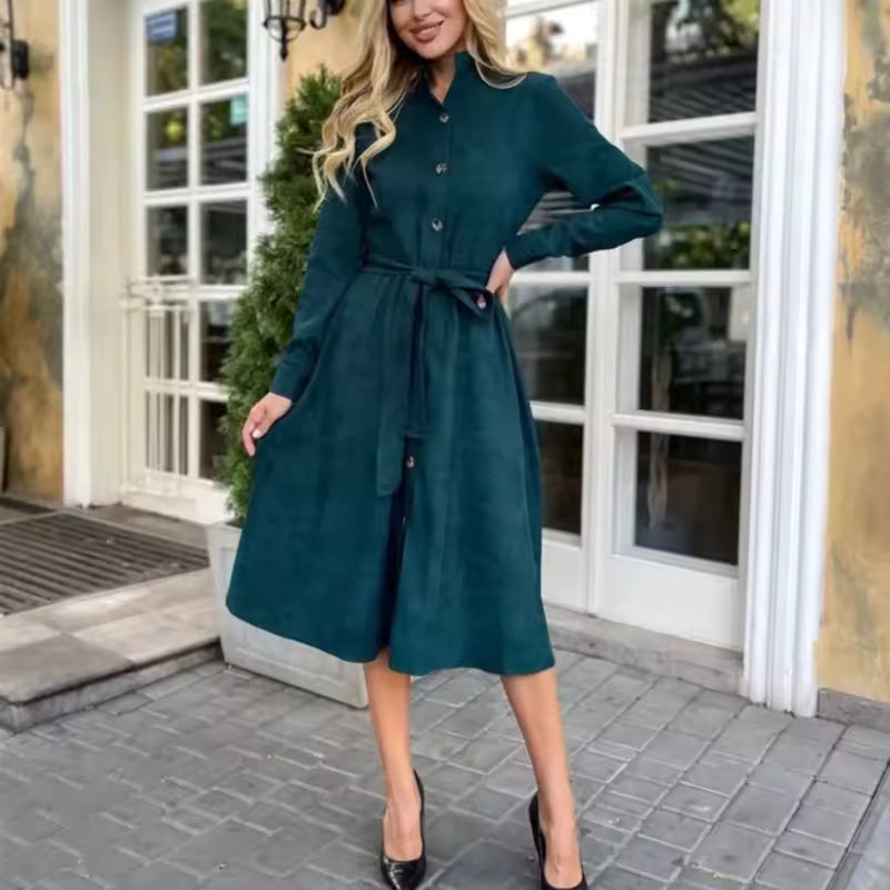 Nadia Green corduroy midi shirt dress with long sleeves and A-line silhouette