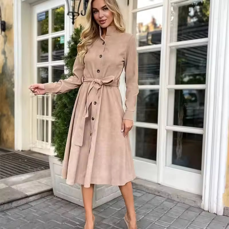 Nadia Khaki corduroy midi shirt dress with button-front closure, long sleeves, and tie belt