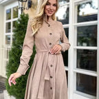 Nadia Khaki corduroy midi shirt dress with long sleeves and adjustable tie waist