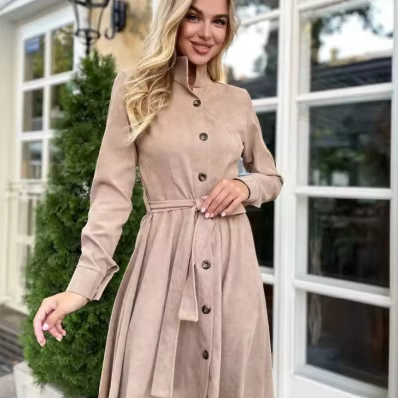 Nadia Khaki corduroy midi shirt dress with long sleeves and adjustable tie waist