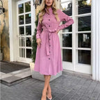 Nadia Pink corduroy midi shirt dress with button-front design and belted waist