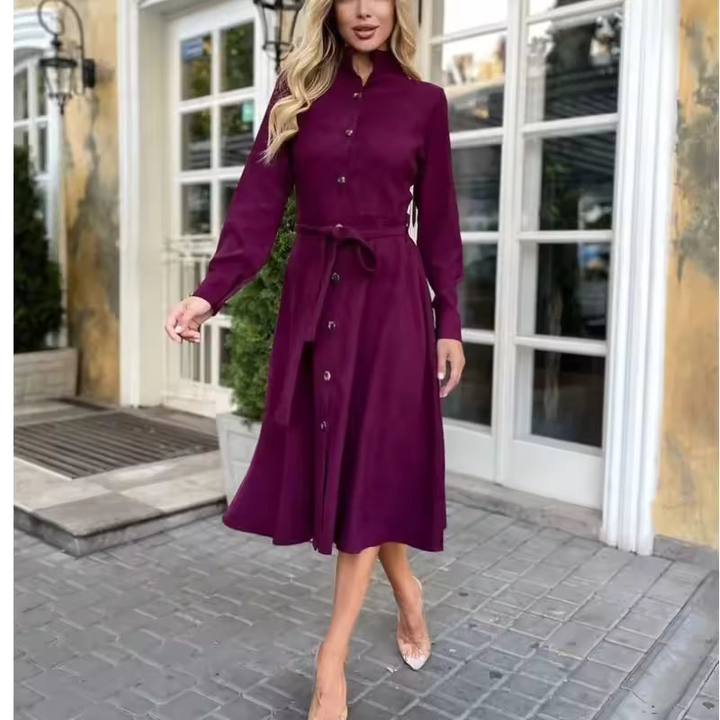 Nadia Purple corduroy midi shirt dress with button-front closure and tie belt