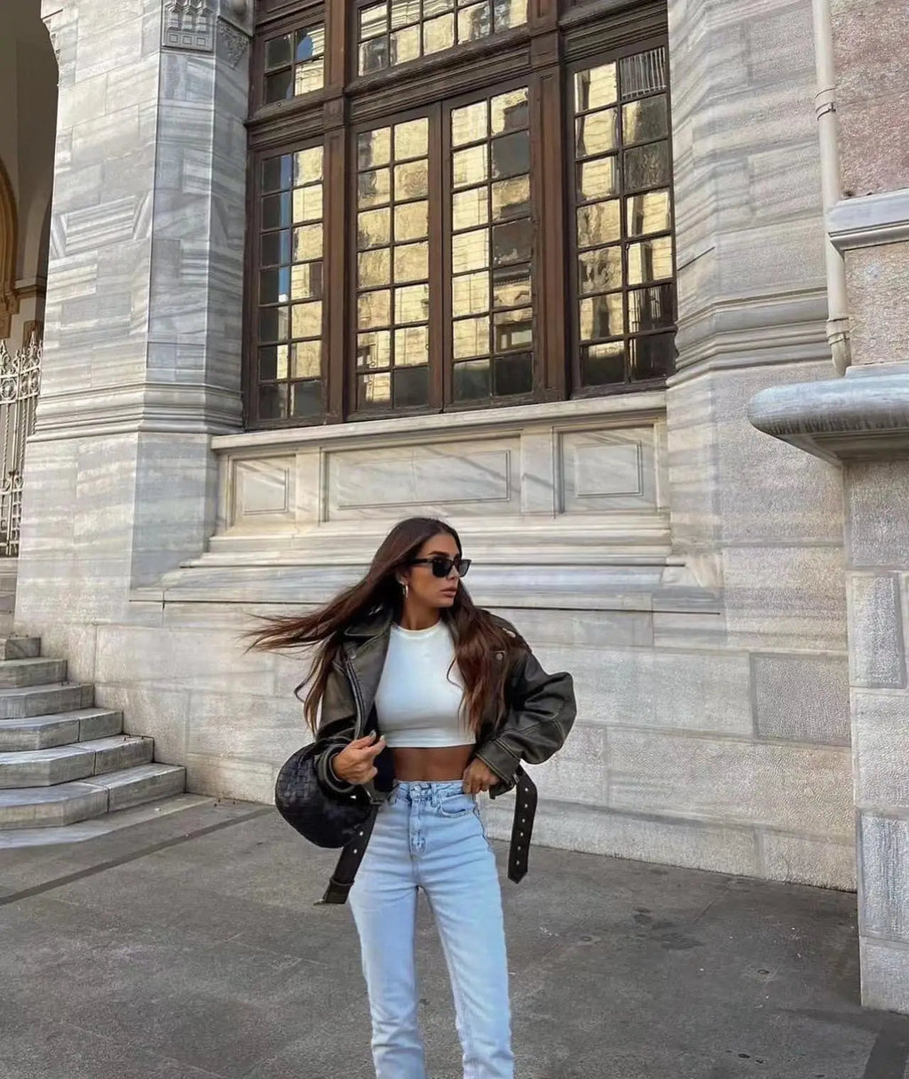 Nadine Short Cropped Biker Jacket, Green detail