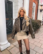 Nadine Short Cropped Biker Jacket, Green front view