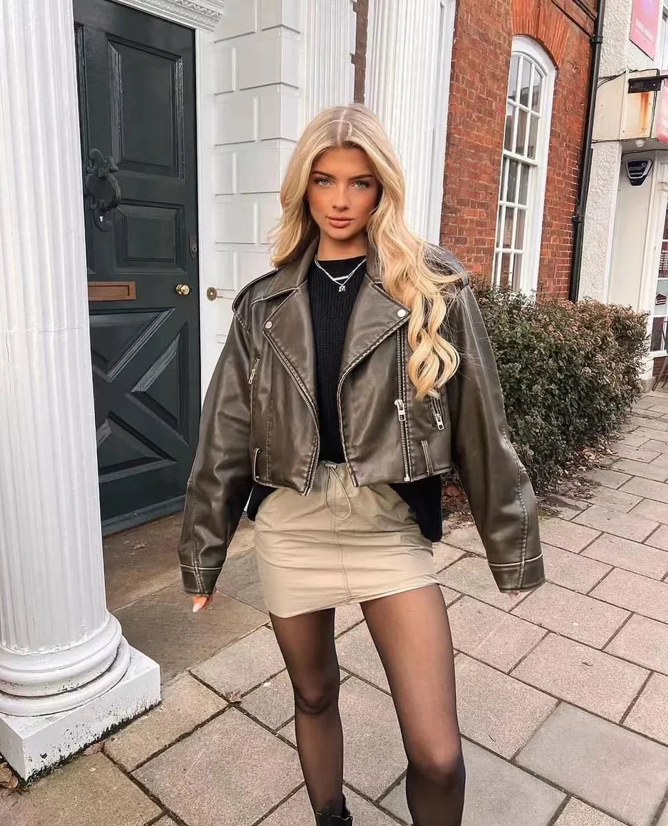 Nadine Short Cropped Biker Jacket, Green front view