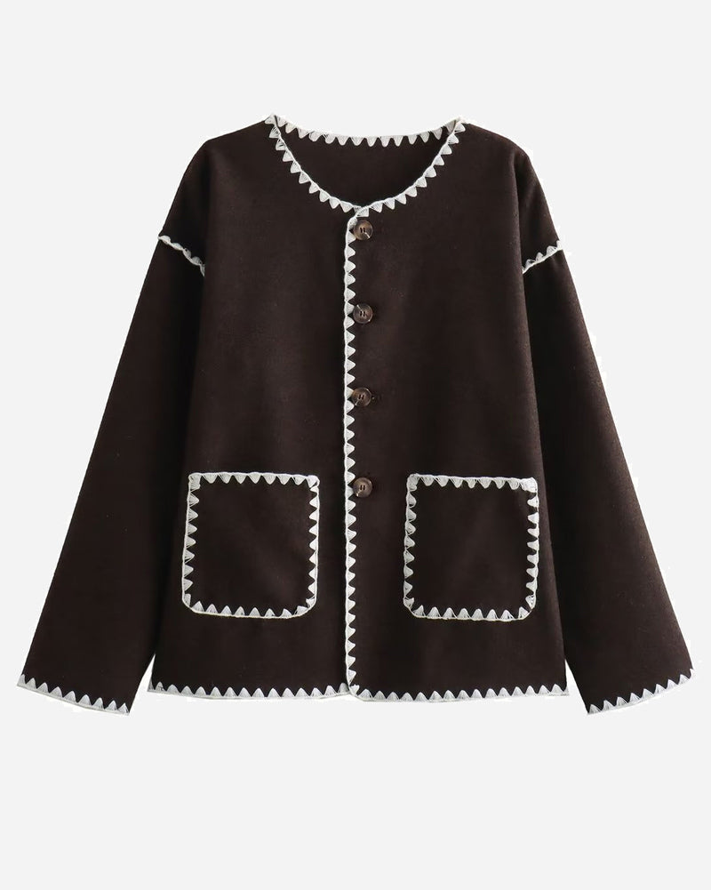 Nadorine Coffee button-front jacket laid flat with light contrast stitching and patch pockets.