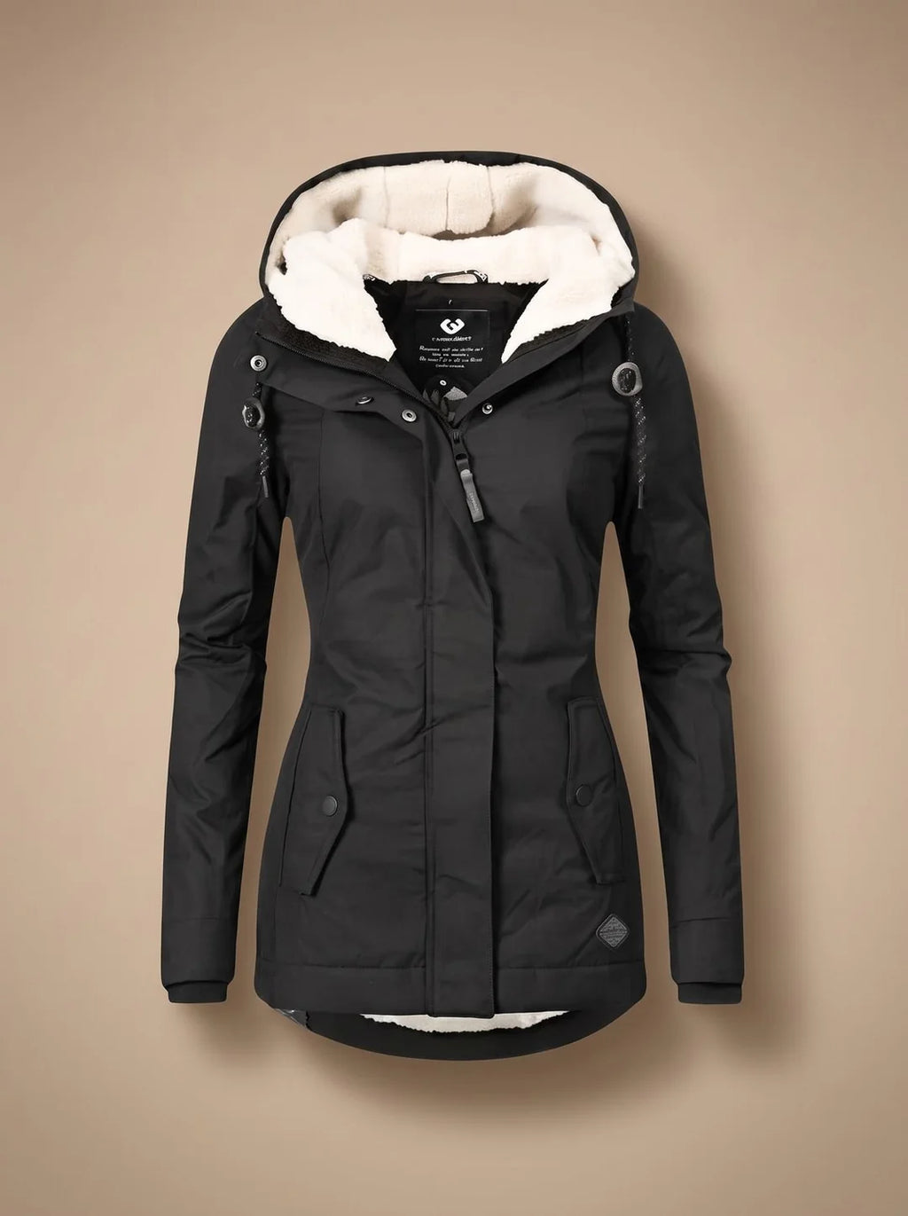Naomi Black hooded long parka jacket featuring a plush-lined hood, fitted waist, full front closure, long sleeves, and front pockets