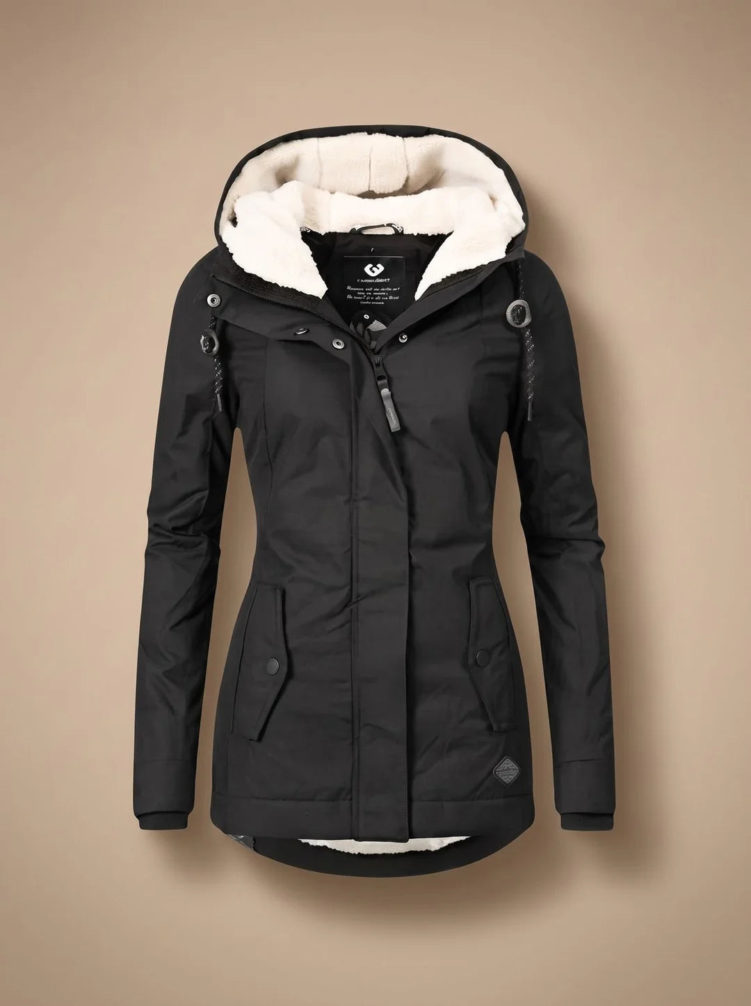 Naomi Black hooded long parka jacket featuring a plush-lined hood, fitted waist, full front closure, long sleeves, and front pockets