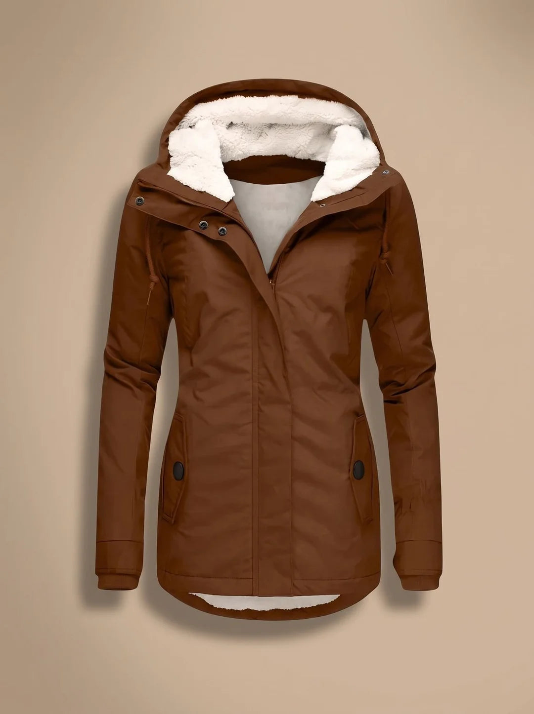Naomi Brown long parka jacket with a plush-lined hood, shaped waist, long sleeves, front closure, and practical pockets