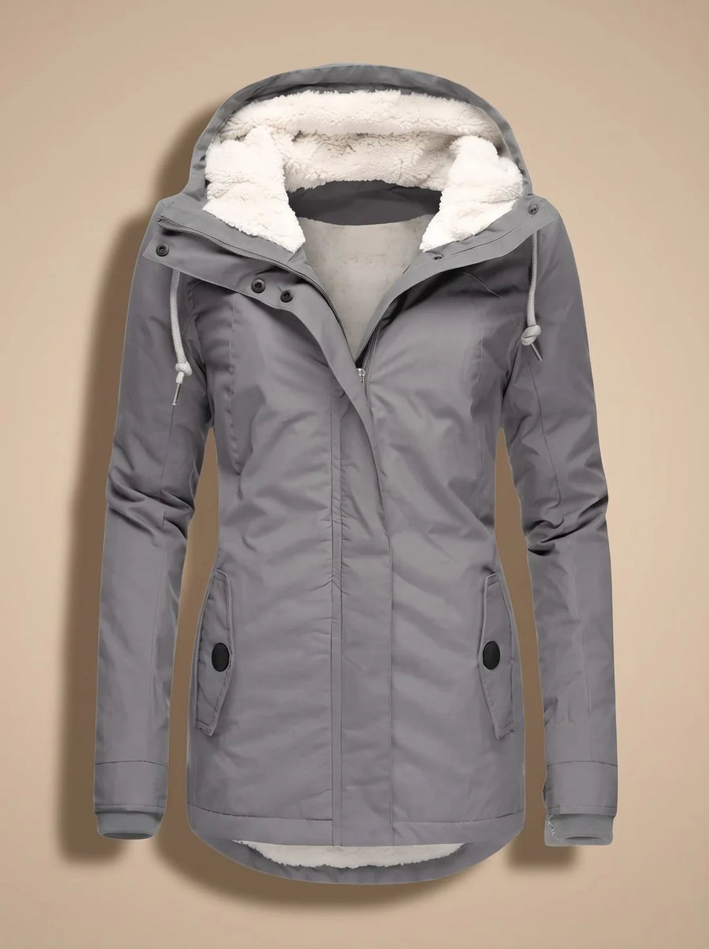 Naomi Gray hooded long parka jacket featuring a plush-lined hood, fitted waist, front closure, long sleeves, and practical pockets