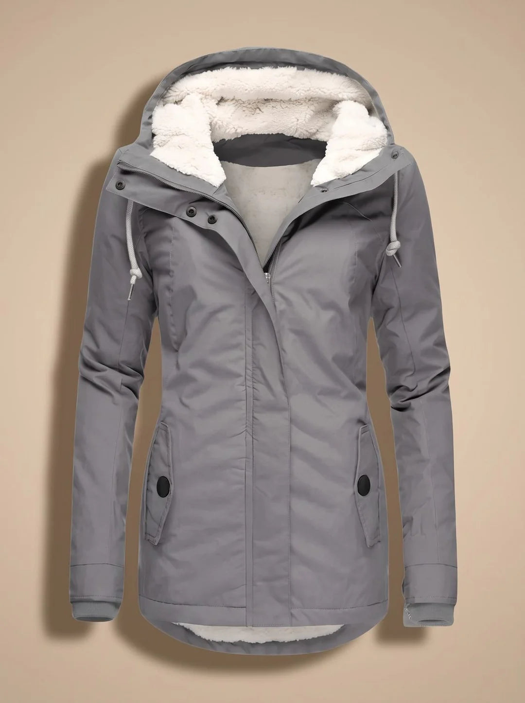 Naomi Gray hooded long parka jacket featuring a plush-lined hood, fitted waist, front closure, long sleeves, and practical pockets