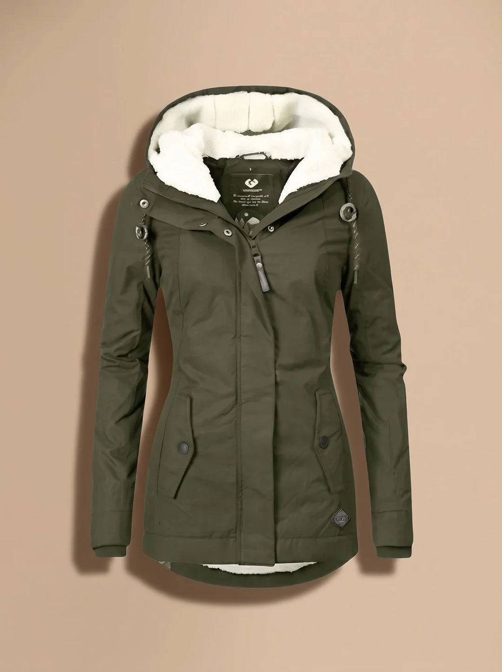 Naomi Green long parka jacket with a plush-lined hood, defined waist, front pockets, long sleeves, and extended hem
