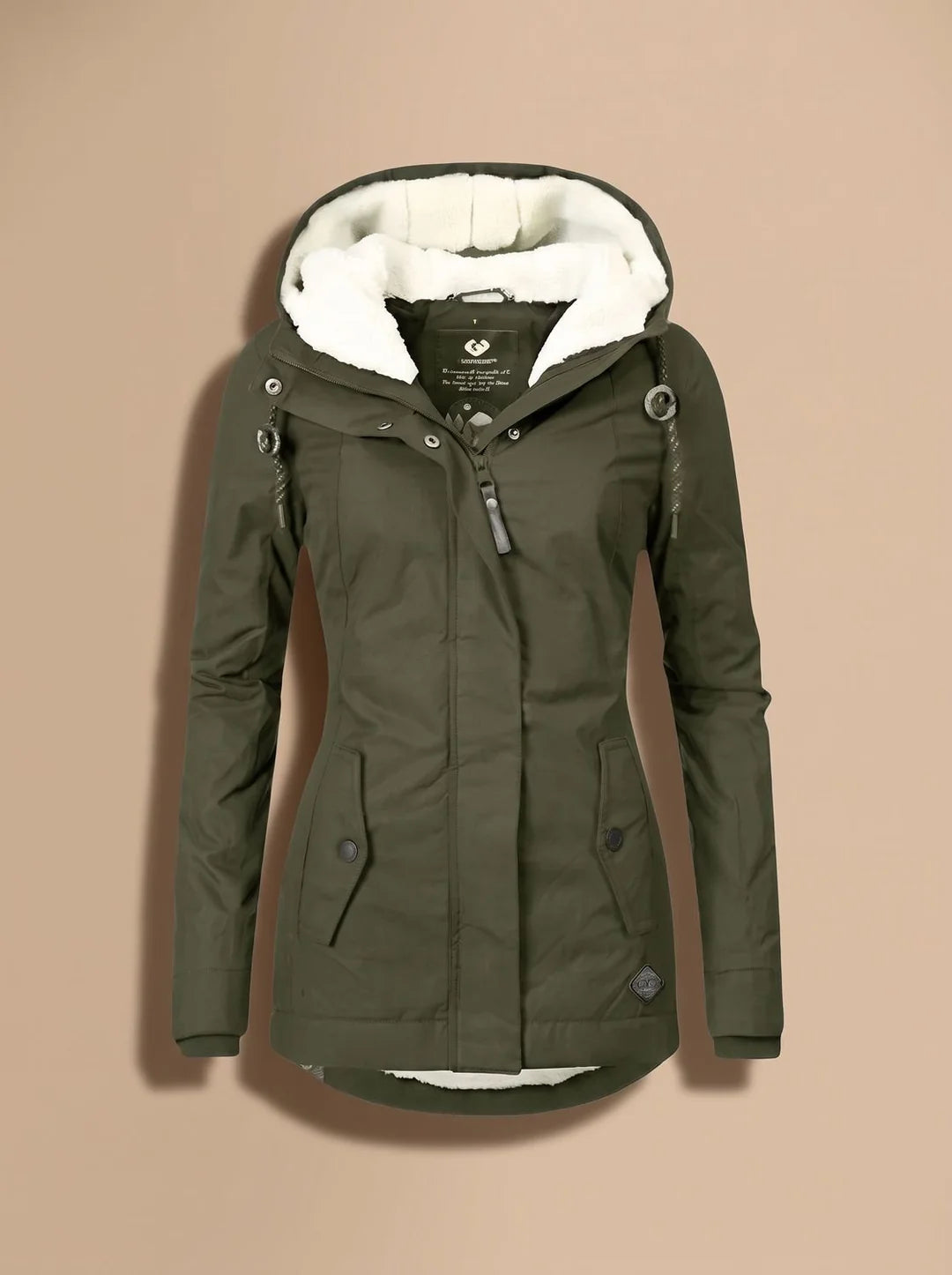 Naomi Green long parka jacket with a plush-lined hood, defined waist, front pockets, long sleeves, and extended hem