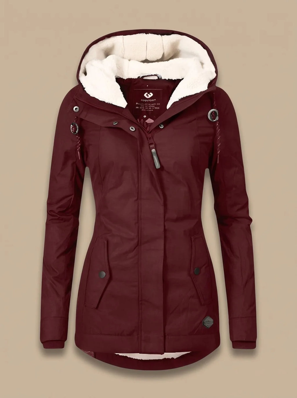 Naomi Red hooded parka jacket featuring a plush-lined hood, fitted silhouette, full front closure, and long sleeves