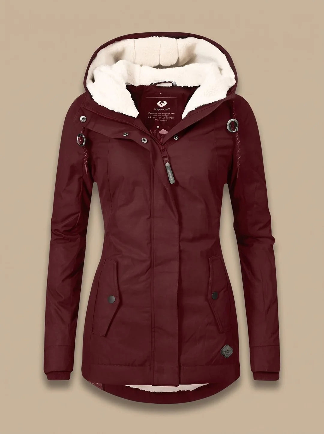 Naomi Red hooded parka jacket featuring a plush-lined hood, fitted silhouette, full front closure, and long sleeves