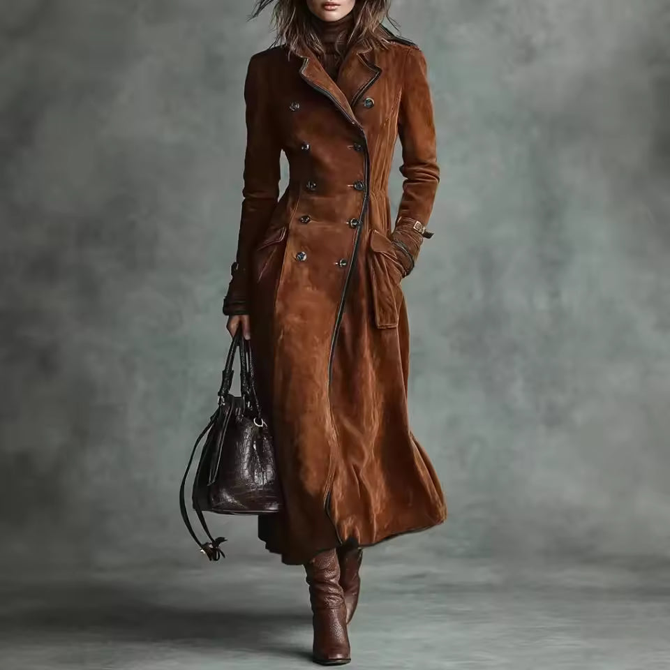 Natalie Brown suede-look trench coat with double-breasted buttons, notched lapels, tie belt, and long silhouette