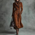 Natalie Brown suede-look trench coat with double-breasted buttons, notched lapels, tie belt, and long silhouette