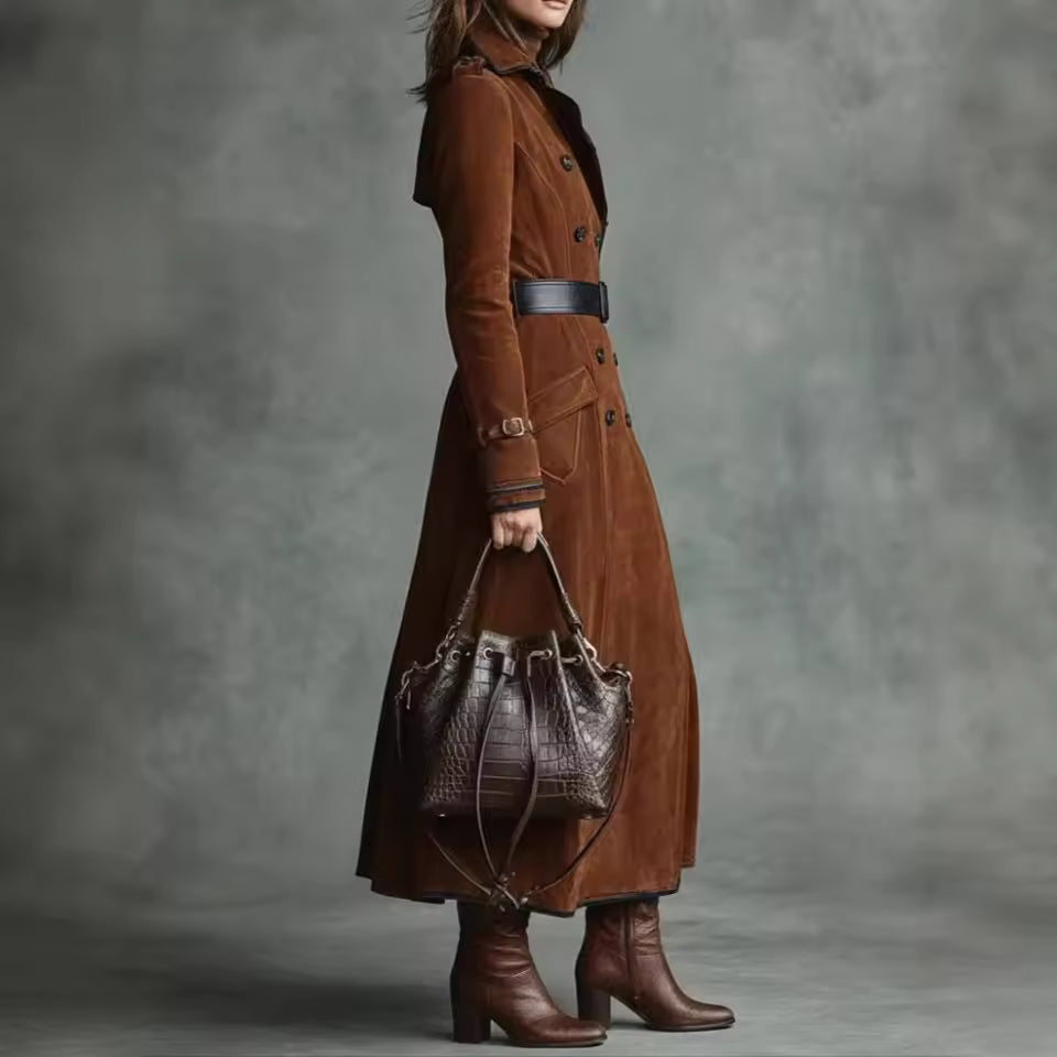 Natalie Brown long trench coat shown from the side, featuring a tailored waist, long sleeves, and belted design